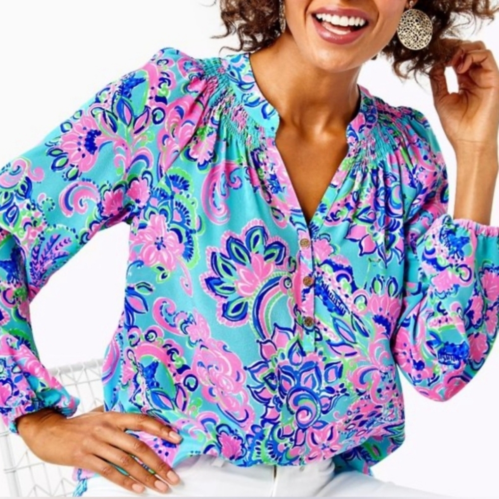 Lilly Pulitzer Pink and Purple Paisley 100% Silk Blouse